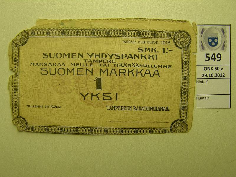 k-0549-a.jpg - Kohde 549, lhthinta: 5 € 1 mk 1918 P#71 SYP, maksumrys, Tampereen Rahatoimikamari. Puutteita, ei leimoja/allek., kunto: 1