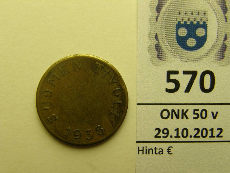 k-0570-a.jpg - Kohde 570, lhthinta: 10 € Suomen Tivoli 1938 Cu, painauma reunassa, kunto: 5