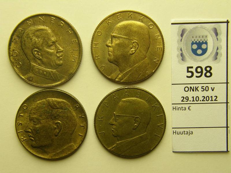 k-0598-a.jpg - Kohde 598, lhthinta: 5 € Sstpankkimitalit (4) Ryti, Mannerheim, Paasikivi, Kekkonen, kunto: 5-8