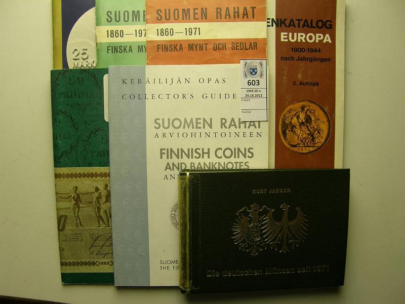 k-0603-a.jpg - Kohde 603, lhthinta: 10 € Rahahinnastoja (7) 1970-2002 Suomen Rahat 1970, -71 n:o 22 ja 23; Suomen Rahojen Hinnasto 1978, -95, Mnzen Katalog Europa 1900-1944 toim Zierl, Saksa; Suomen Rahat 2002, toim SNY; Die Deutschen Mnzen seit 1871, toim. Jaeger, Saksa 1970, etukansi revennyt ja teipattu, kunto: 5-8