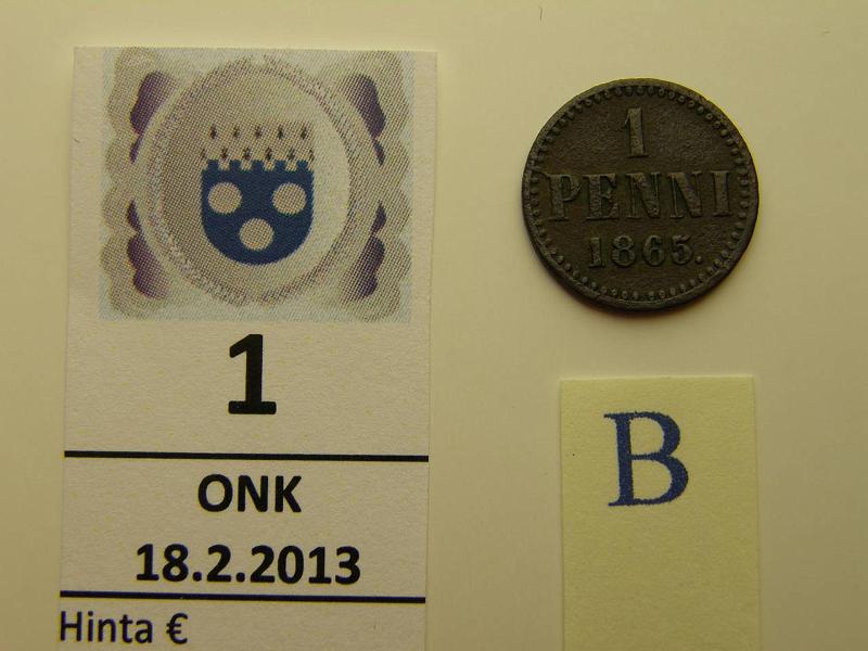 k-0001-b.jpg - Kohde 1 (kuva 2/2), lhthinta: 20 € 1 p 1865 SNY 2.2, sypynyt, kunto: 3