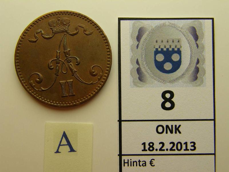 k-0008-a.jpg - Kohde 8 (kuva 1/2), lhthinta: 75 € 5 p 1867 kulumaton raha, suklaanruskea patina, kunto: 7