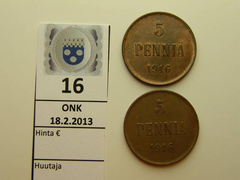 k-0016-a.jpg - Kohde 16, lhthinta: 5 € 5 p 1916 (2) variantit: 1 jalka ehj ja vajaa, hpja, kunto: 6