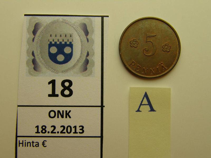 k-0018-a.jpg - Kohde 18 (kuva 1/2), lhthinta: 100 € 5 p 1918 KV I SNY 94.1, leimakiiltoa, kunto: 8