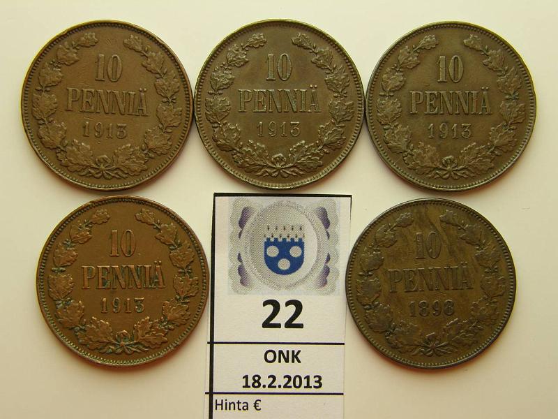 k-0022-a.jpg - Kohde 22, lhthinta: 30 € 10 p 1898, 1913 (5) 1898 n:o 9 kallistunut oikealle, 1913 (4) osassa rvja, kunto: 3-6