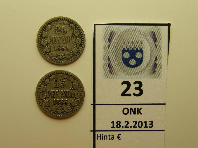 k-0023-a.jpg - Kohde 23, lhthinta: 15 € 25 p 1865, -66 Ag, SNY 265.1.2, 266.1.1, kunto: 2/3