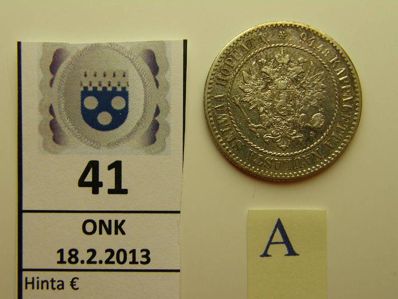 k-0041-a.jpg - Kohde 41 (kuva 1/2), lhthinta: 100 € 1 mk 1864 Ag, SNY 397.2, l.puhd, hyv kunto tlle vuodelle, kunto: 5