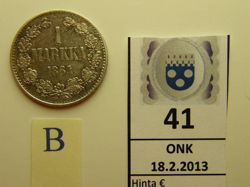 k-0041-b.jpg - Kohde 41 (kuva 2/2), lhthinta: 100 € 1 mk 1864 Ag, SNY 397.2, l.puhd, hyv kunto tlle vuodelle, kunto: 5