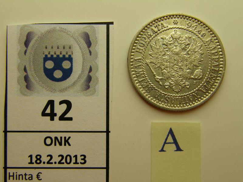 k-0042-a.jpg - Kohde 42 (kuva 1/2), lhthinta: 750 € 1 mk 1867 Ag, SNY SNY 400.1, hnja, el.puhd, hyv kunto tlle vuodelle. Kaunis!, kunto: 8/7