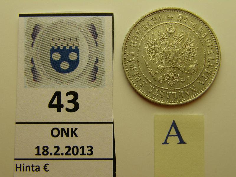 k-0043-a.jpg - Kohde 43 (kuva 1/2), lhthinta: 20 € 1 mk 1890 Ag, kunto: 7