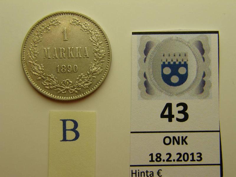 k-0043-b.jpg - Kohde 43 (kuva 2/2), lhthinta: 20 € 1 mk 1890 Ag, kunto: 7