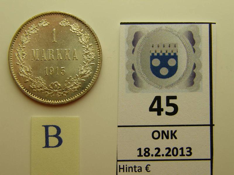 k-0045-b.jpg - Kohde 45 (kuva 2/2), lhthinta: 10 € 1 mk 1915 Ag, hieman patinaa reunoissa, ephpja, kunto: 9/8