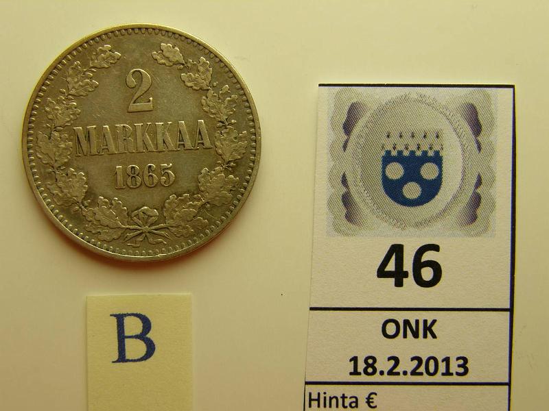 k-0046-b.jpg - Kohde 46 (kuva 2/2), lhthinta: 20 € 2 mk 1865 Ag, SNY 493.1, pallot, kunto: 5/6