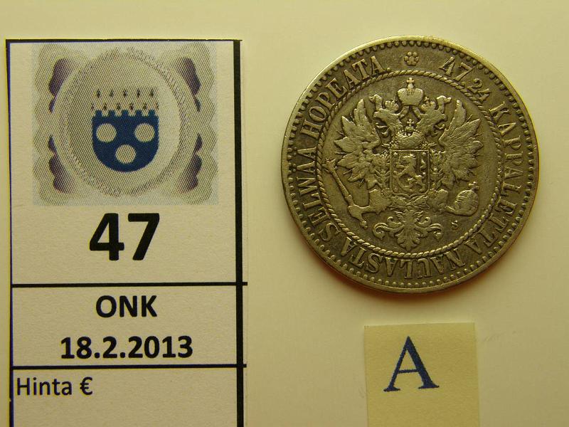 k-0047-a.jpg - Kohde 47 (kuva 1/2), lhthinta: 15 € 2 mk 1865 Ag, SNY 493.2, ei palloja, kunto: 4