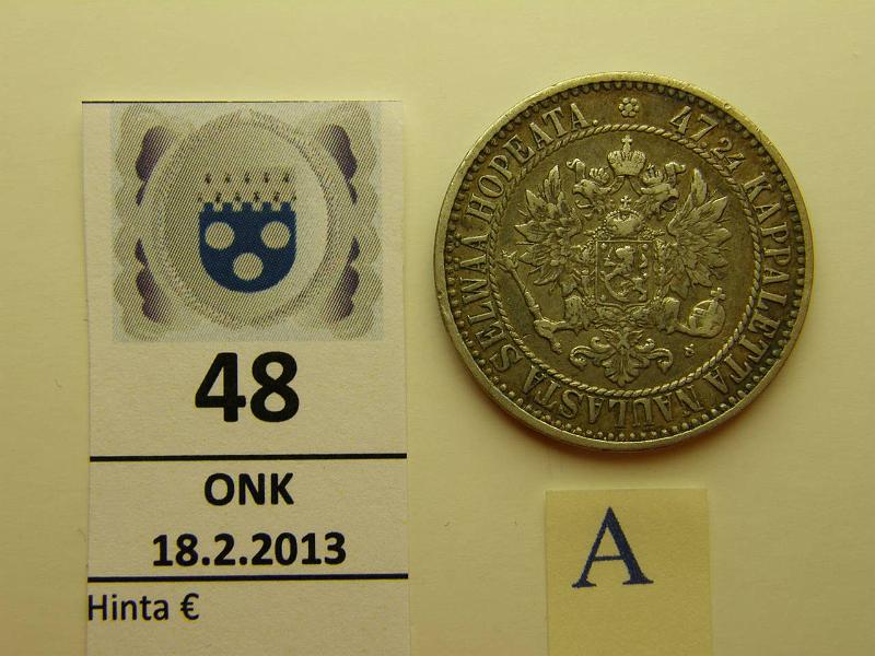 k-0048-a.jpg - Kohde 48 (kuva 1/2), lhthinta: 25 € 2 mk 1866 Ag, SNY 494.2, l.puhd, kunto: 5