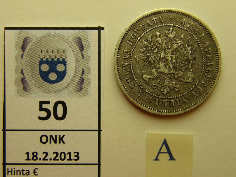 k-0050-a.jpg - Kohde 50 (kuva 1/2), lhthinta: 15 € 2 mk 1872 Ag, kunto: 4