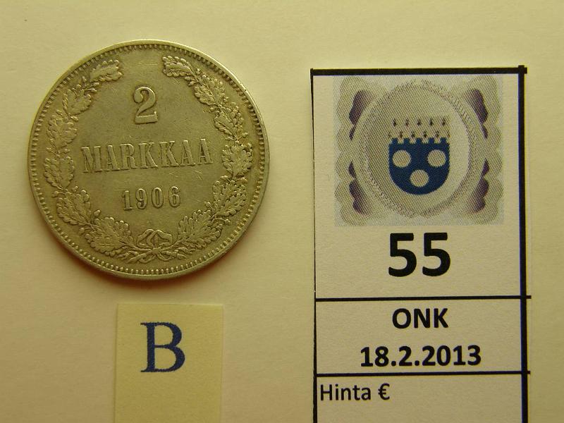 k-0055-b.jpg - Kohde 55 (kuva 2/2), lhthinta: 20 € 2 mk 1906 Ag, SNY 500.1 (pitk /), kunto: 5