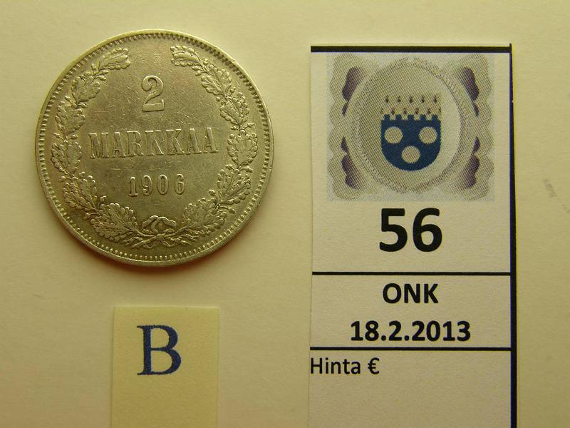 k-0056-b.jpg - Kohde 56 (kuva 2/2), lhthinta: 15 € 2 mk 1906 Ag, SNY 500.2 (lyhyt /), kunto: 5