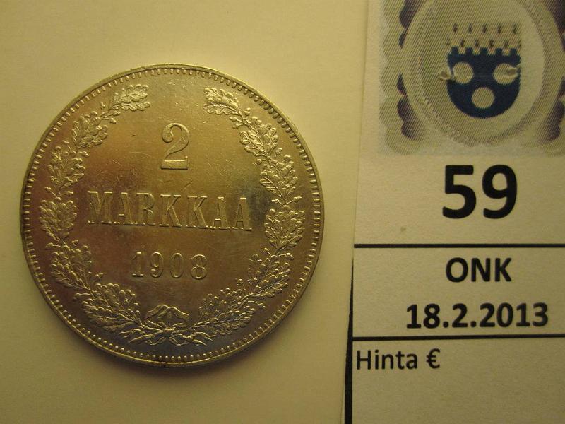 k-0059-b.jpg - Kohde 59 (kuva 2/2), lhthinta: 20 € 2 mk 1908 Ag, arvopuolella hnja. Erittin kaunis!, kunto: 9/8