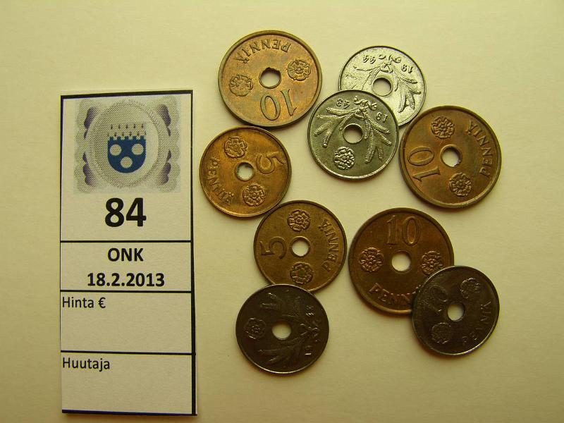 k-0084-a.jpg - Kohde 84, lhthinta: 5 € 10 p+5 p 1941-43 (9) 10p 1941-43 Fe ja Cu (7), mys terv 5; 5p 1942-43 (2), kunto: 7-8