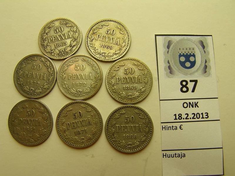 k-0087-a.jpg - Kohde 87, lhthinta: 80 € 50 p 1864-72 (8) Ag, kaikki vuodet 1864, -65, -66, -68, -69, -71, -72 (SNY 320.1 ja .2), kunto: 2-4