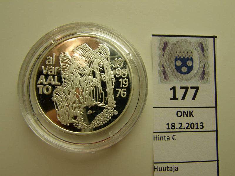 k-0177-a.jpg - Kohde 177, lhthinta: 25 € 100 mk 1998 Ag, Proof, Alvar Aalto, kapseli, kunto: 10