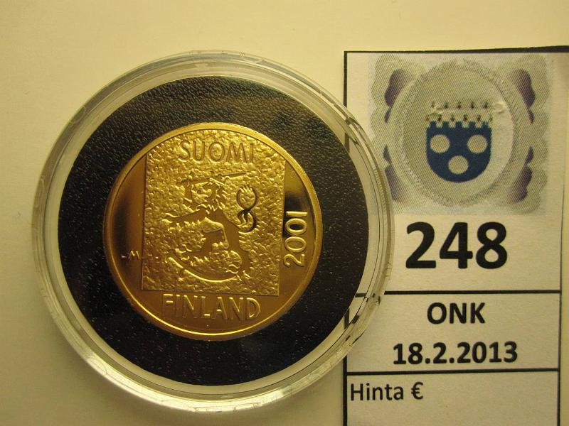 k-0248-a.jpg - Kohde 248, lhthinta: 200 € 1 mk 2001 Au, Proof 8,64 g/750, viimeinen kultamarkka, kapseli, kunto: 10