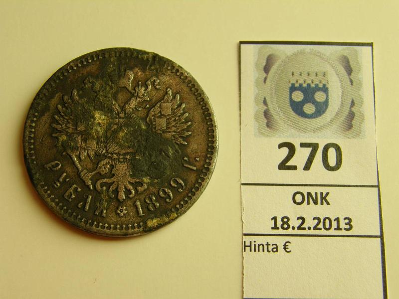 k-0270-a.jpg - Kohde 270, lhthinta: 10 € 1 rpl 1899 Hopeoitu kupari (Ag 13%, Cu 41%, eri metalleja), aikalaisvrenns?, likalaikkuja, kunto: 3