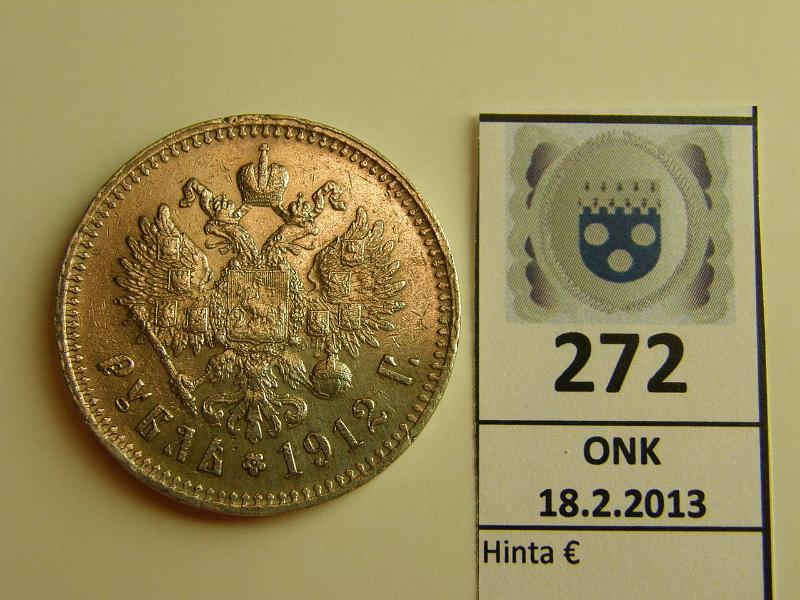 k-0272-a.jpg - Kohde 272, lhthinta: 20 € 1 rpl 1912 Bitkin#66 Ag, N II, prvja, puhd, kunto: 6