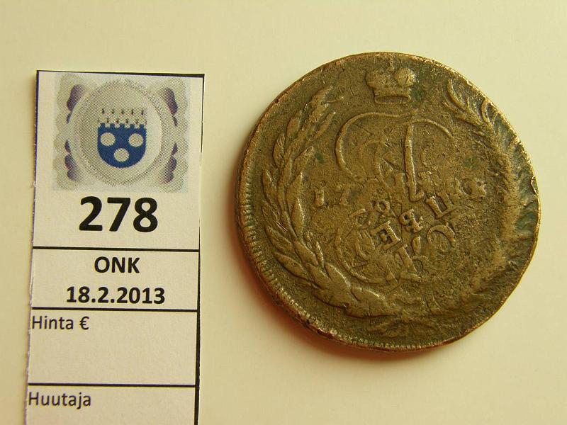 k-0278-a.jpg - Kohde 278 (kuva 1/2), lhthinta: 20 € 5 kop 1788 Bitkin#794 Cu, 47g, O 45mm, Katariina Suuri, K.M. pllepainama 10 kop 1762, molemmat rahat selvsti tunnistettavissa, vuosiluvut nkyviss, vaakunapuoella kolmipinen kotka, mielenkiintoinen!, kunto: 