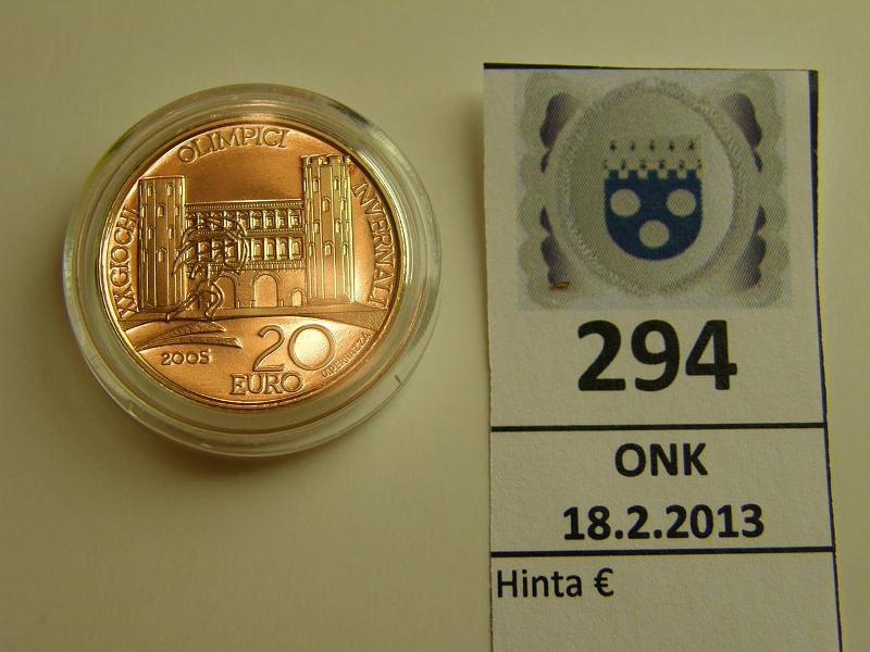 k-0294-a.jpg - Kohde 294, lhthinta: 200 € Italia 20 € 2005 KM#265 Au, Proof 6,451 g/900, Torinon olympialaiset 2006, kapseli, kunto: 10