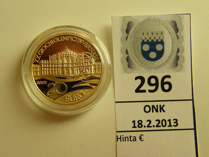 k-0296-a.jpg - Kohde 296, lhthinta: 200 € Italia 20 € 2005 KM#269 Au, Proof 6,451 g/900, Torinon olympialaiset 2006, kapseli, kunto: 10