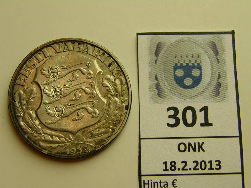 k-0301-a.jpg - Kohde 301, lhthinta: 30 € Eesti 2 kr 1932 KM#13 Ag, 12g/500, Tarton yliopisto, patinaa, kunto: 8