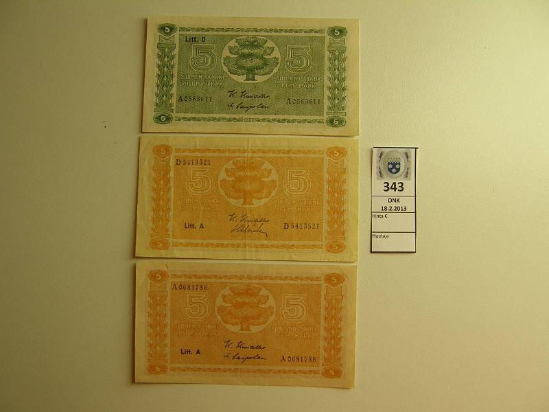 k-0343-a.jpg - Kohde 343, lhthinta: 10 € 5 mk 1939-45 (3) SNY 133.1, 134.1, 1939 LD A-sarja, tahroja; 1945 LA A- ja D-sarjat, kunto: 9,6,5