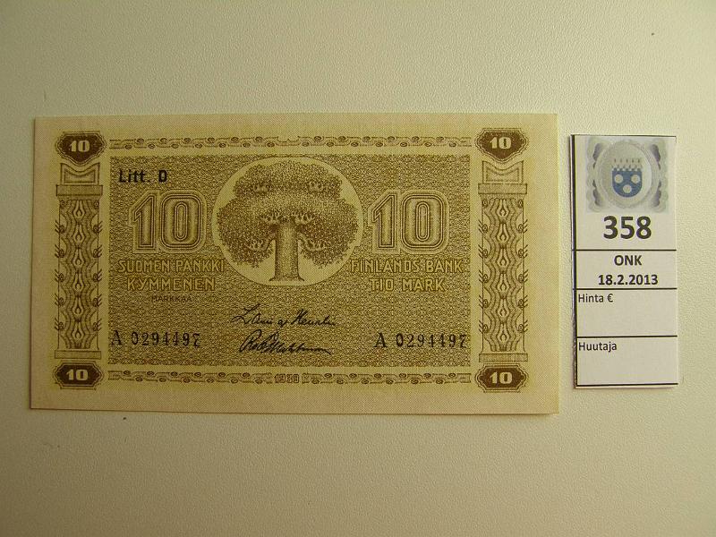 k-0358-a.jpg - Kohde 358, lhthinta: 60 € 10 mk 1939 LD SNY 144.1 A0294497 HEU-Wah, painuma paperiliittimest, kulmakuvio I, vl I, kunto: 9