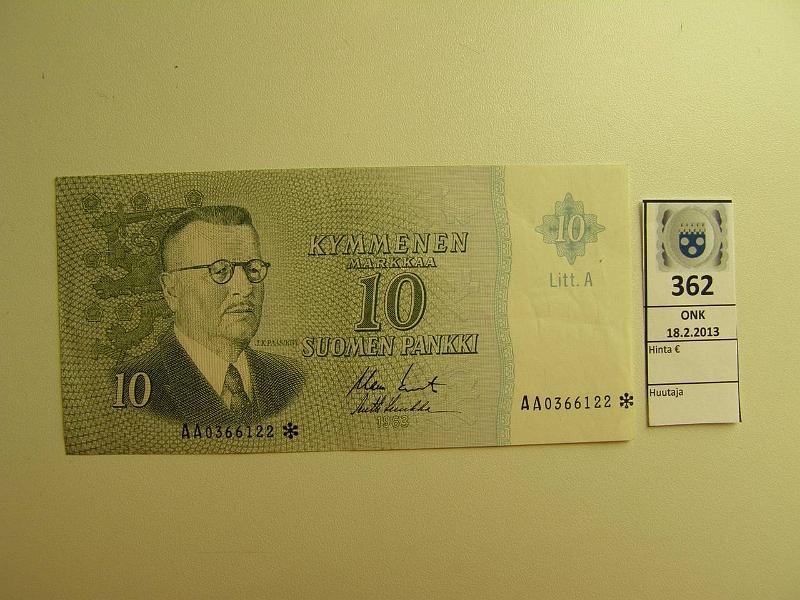 k-0362-a.jpg - Kohde 362, lhthinta: 5 € 10 mk 1963* LA SNY 146.7 AA0366122* KO I-Luu, vl I, thtimerkki ja vl reunassa, korvaava, kunto: 6