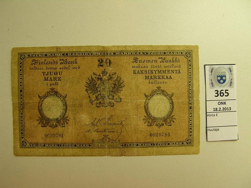 k-0365-a.jpg - Kohde 365, lhthinta: 200 € 20 mk 1894 SNY 153.1 0029781 CHA-Lan, rep, p.reiki, takana hyvin siistit teippikorj. Hyvt vrit! Kaunis vioista huolimatta!, kunto: 3