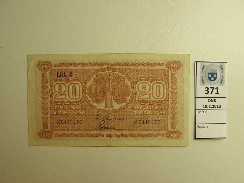 k-0371-a.jpg - Kohde 371, lhthinta: 5 € 20 mk 1922 LC SNY 158.4 Z0449270 KIV-Wah, harv. allek. (v), kunto: 4