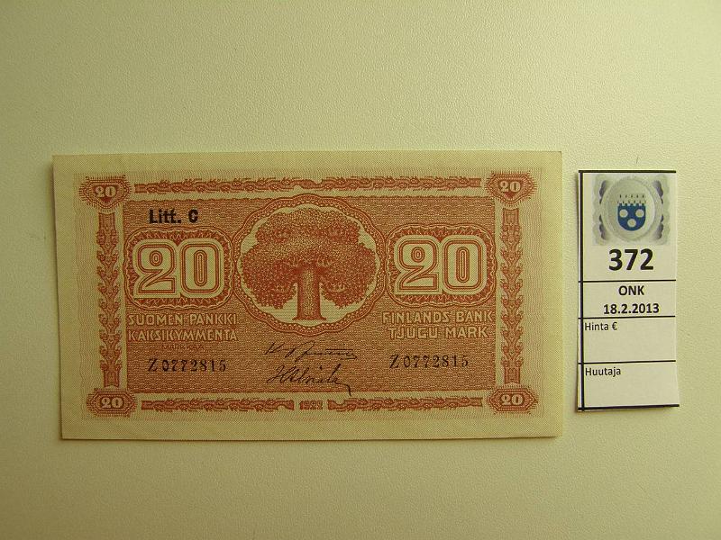 k-0372-a.jpg - Kohde 372, lhthinta: 35 € 20 mk 1922 LC SNY 158.4 Z0772815 JUT-Als, harv. allek. (v), paperil. jlki, ei keskitaitosta, kunto: 8