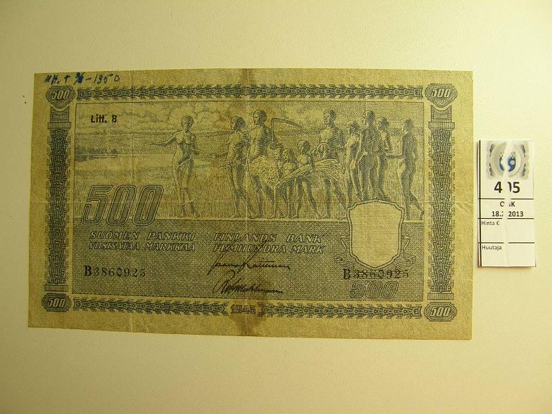 k-0405-a.jpg - Kohde 405, lhthinta: 60 € 500 mk 1945 LB SNY 190.2 B3860925 RAI-Wah, tahroja, preik, km, kova paperi, kunto: 4