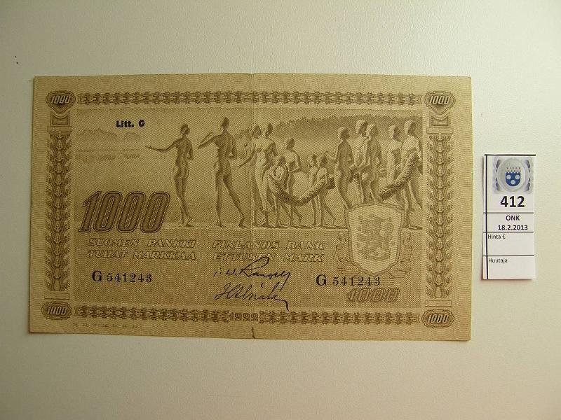 k-0412-a.jpg - Kohde 412, lhthinta: 50 € 1000 mk 1922 LC SNY 197.5 G541243 RAN-Als, tyyppi II, prep korjattu, km, tahroja, napakka paperi, kunto: 5