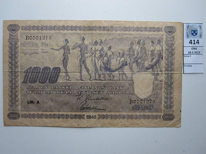 k-0414-a.jpg - Kohde 414, lhthinta: 25 € 1000 mk 1945 LA SNY 199.1 B0001275 KIV-Wah, keskireik, rep, kunto: 2