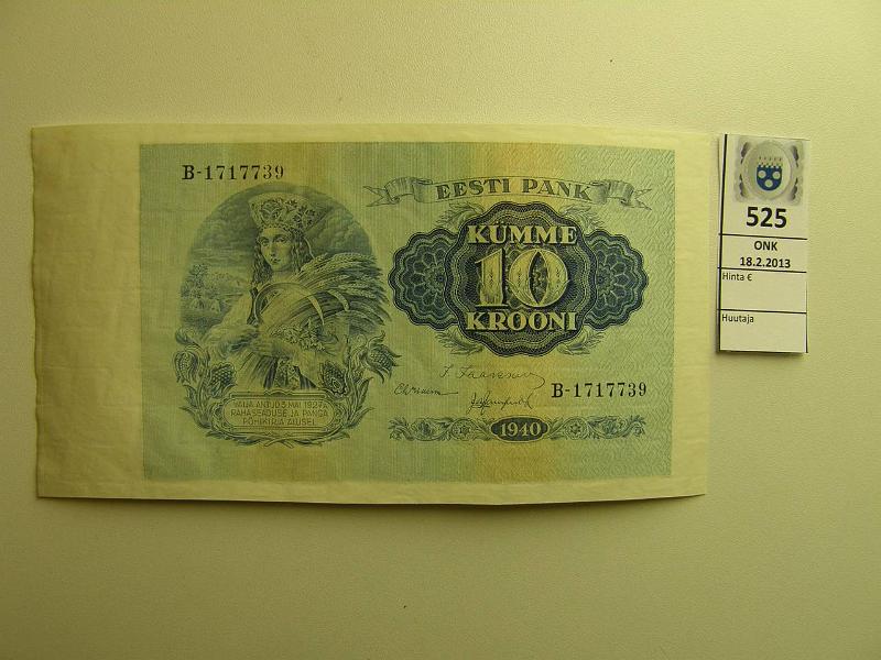 k-0525-a.jpg - Kohde 525, lhthinta: 300 € Eesti 10 kr 1940 P#68a Eesti Pank, arkista leikattu. Seteli ei otettu koskaan kyttn vaan se mrttiin hvitettvksi NL:n toimesta, harvinainen!, kunto: 9