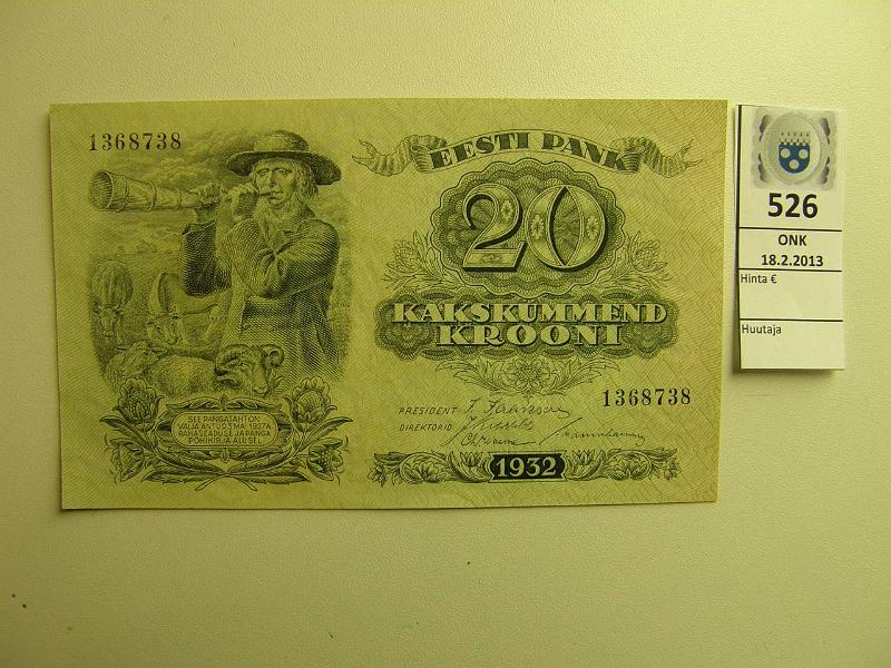 k-0526-a.jpg - Kohde 526, lhthinta: 20 € Eesti 20 kr 1932 P#64a Eesti Pank, kunto: 9