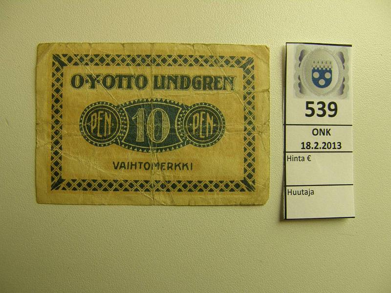 k-0539-a.jpg - Kohde 539, lhthinta: 5 € 10 p OY Otto Lindgren vaihtomerkki, pitk ja pienempi rep, kunto: 3