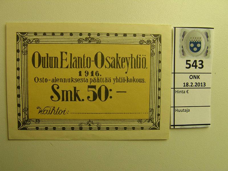 k-0543-a.jpg - Kohde 543, lhthinta: 10 € 50 mk 1916 Oulun Elanto Osakeyhti Smk 50, 9, 2x6, 5cm, ei Pasasen kirjassa, kunto: 8