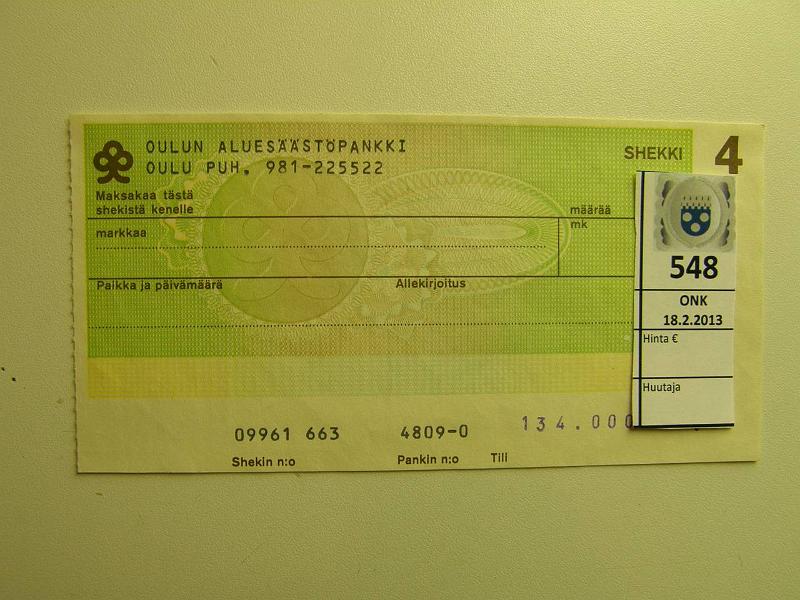 k-0548-a.jpg - Kohde 548, lhthinta: 5 € Shekki OASP 9961663, kyttmtn sekki, kunto: 8