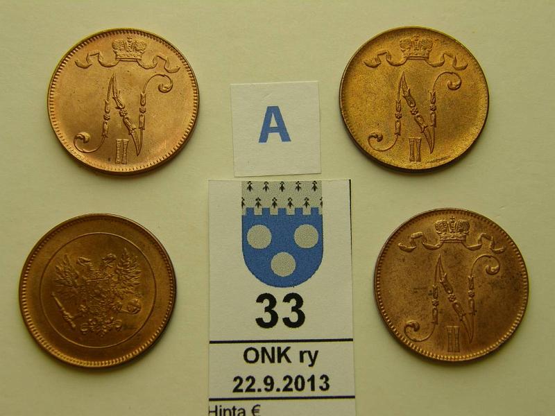 k-0033-a.jpg - Kohde 33 (kuva 1/2), lhthinta: 30 € / myyntihinta: 32 € 5 p 1915-17 (4) leimakiiltoiset, 1915 loistelias, 1916, -17 I ja II hnja, phpja, kunto: 7-9