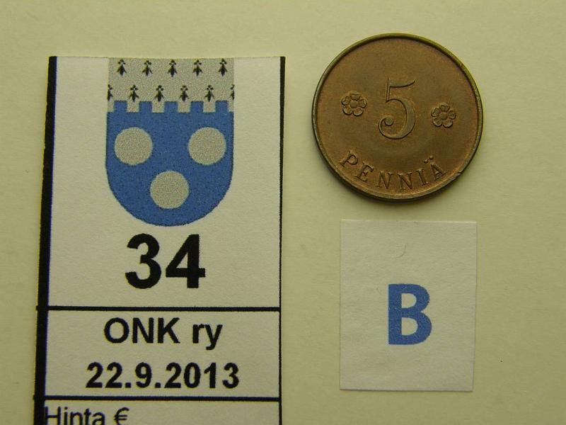 k-0034-b.jpg - Kohde 34 (kuva 2/2), lhthinta: 60 € / myyntihinta: 74 € 5 p 1918 KV I SNY 94.1, leimakiiltoa, kaunis!, kunto: 8