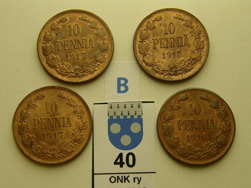 k-0040-b.jpg - Kohde 40 (kuva 2/2), lhthinta: 30 € / myyntihinta: 32 € 10 p 1915-17 (4) 1915 loistelias, -16 matala lynti, -17 I ja II (eprv), kunto: 7-9